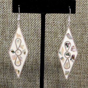 SOLD-----Vintage Mexican Dangle Drop Earrings Alpaca Silver Abalone Shell Enamel